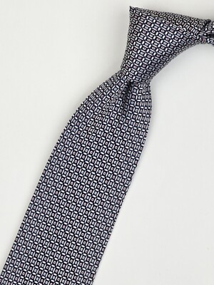 HERMES TIE 659201 T Polka Dot & Geometric on Dark Blue Woven Silk
