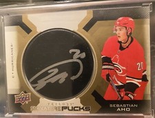 Sebastian Aho 2019-20 Upper Deck Trilogy Signature Pucks Auto🔥🔥Hurricanes
