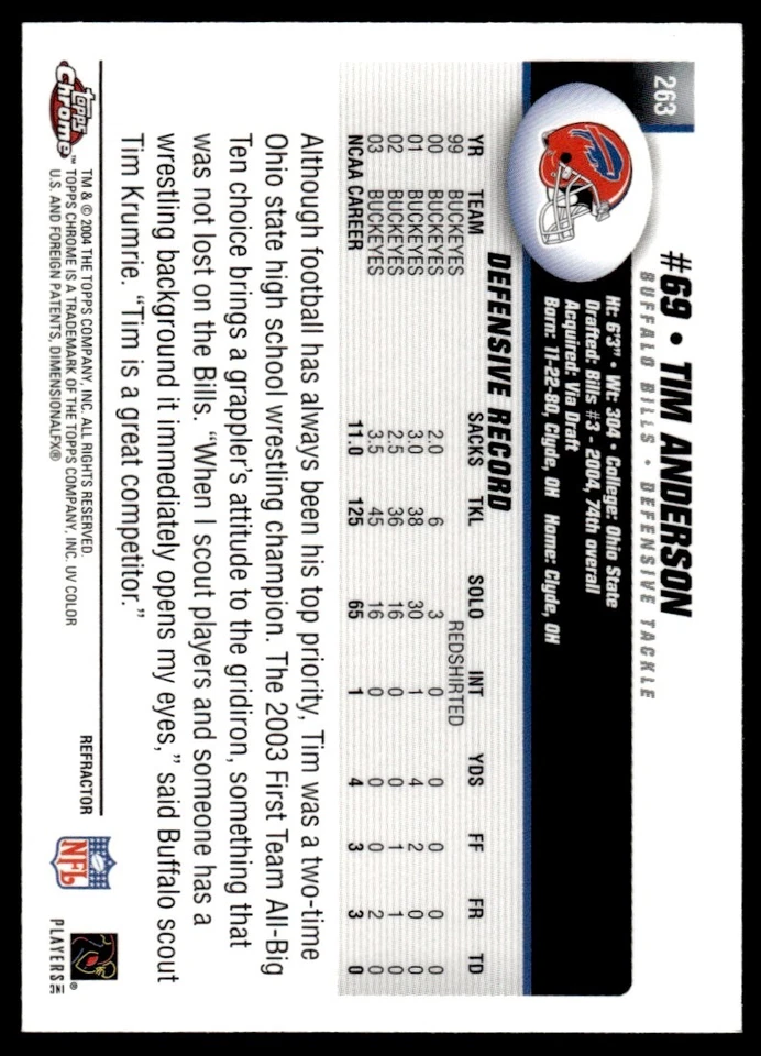2004 TOPPS CHROME REFRACTOR Tim Anderson Rookie Buffalo Bills #263 - Image 2 of 2