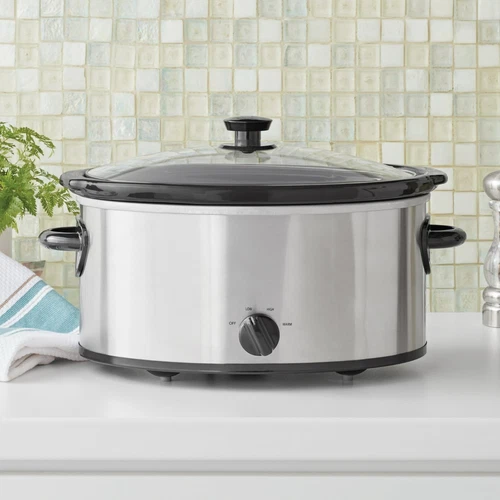 Manual Slow Cooker Large Oval Crock Pot Stainless Steel 6 Quart with Glass Lid