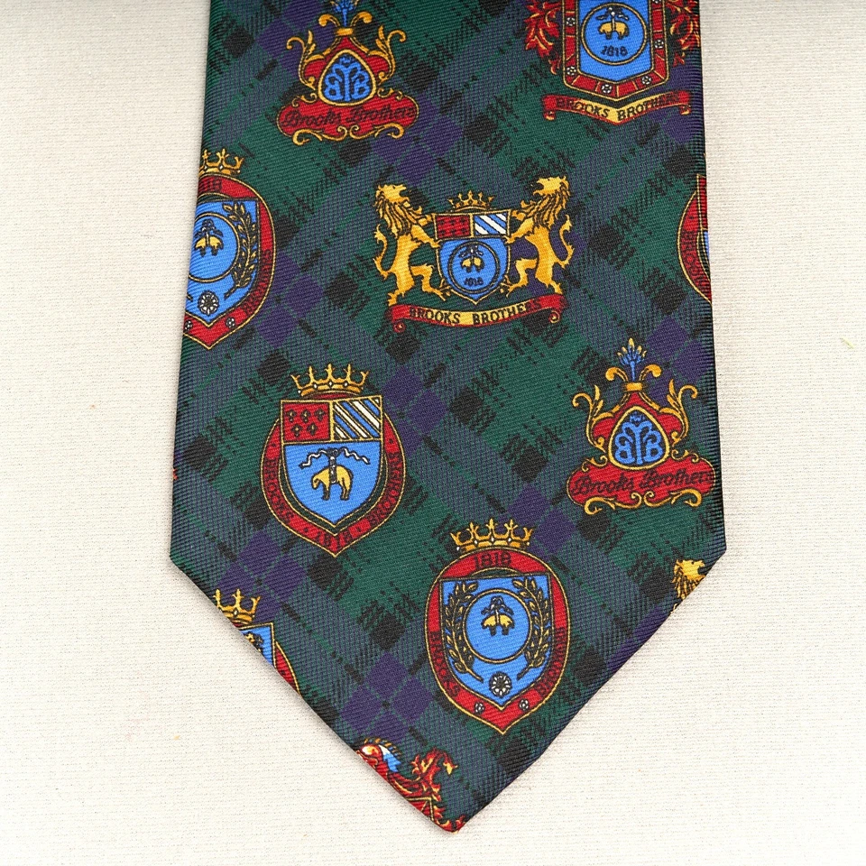 Corbata de seda Brooks Brothers reloj negro escudo de armas a cuadros leones logotipo polar dorado Foto 3 de 4