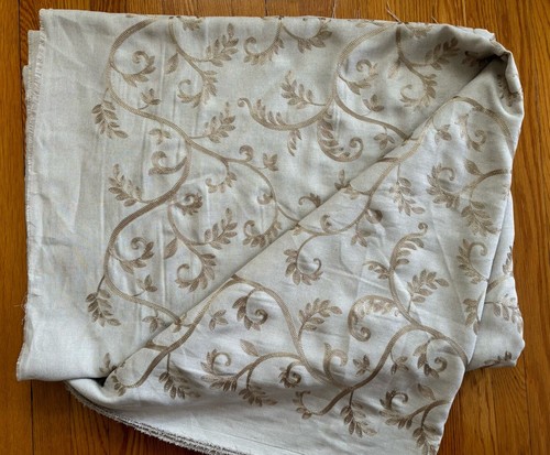 9 Yards Embroidered Linen Look Fabric Scroll Vine Taupe Neutral Drapes 58" Wide - Picture 6 of 7