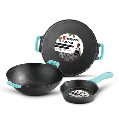 Bergner Eco Cast Iron Cookware Set 3 Pc Skillet Kadai Dosa Tawa Induction Ready