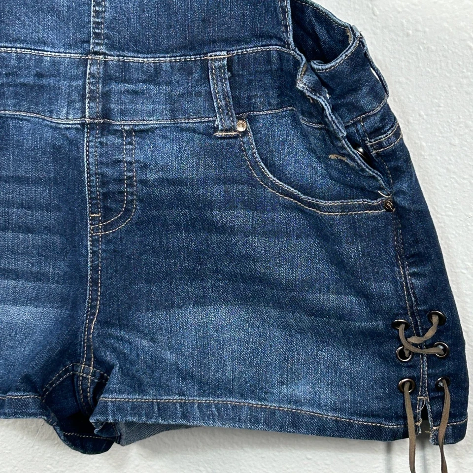 Blue Spice Overalls Womens 9 Denim Shortalls Lace Up Sides Dark Wash Adjustable - Image 4 of 4