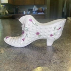 FENTON White Hobnail Hand Painted SHOE SLIPPER w/ Cat - Shelly Fenton