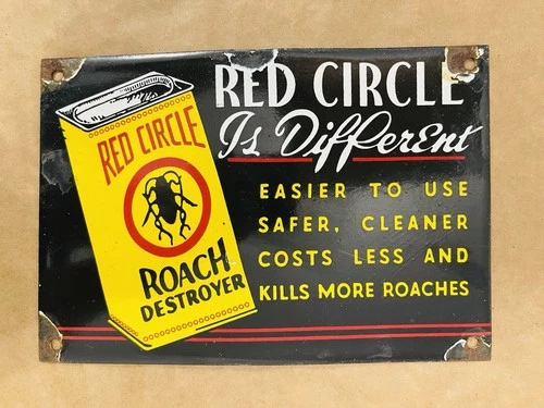 Red Circle Roach Destroyer Vintage Porcelain Enamel Advertising Sign