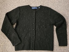 Karen Scott Women S Pure Wool Cardigan Button Sweater Black Floral Embroidered