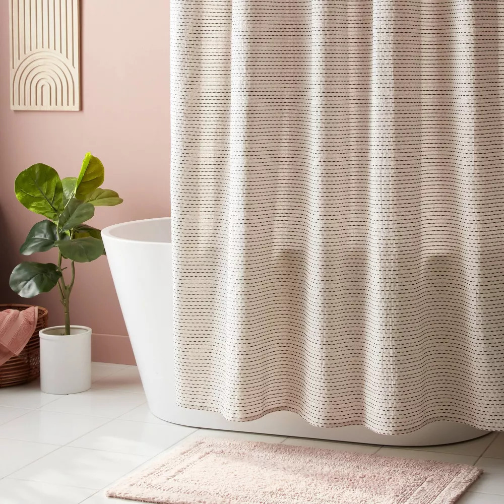 Woven Dotted Line Shower Curtain - Threshold: Cotton Fabric, Buttonhole