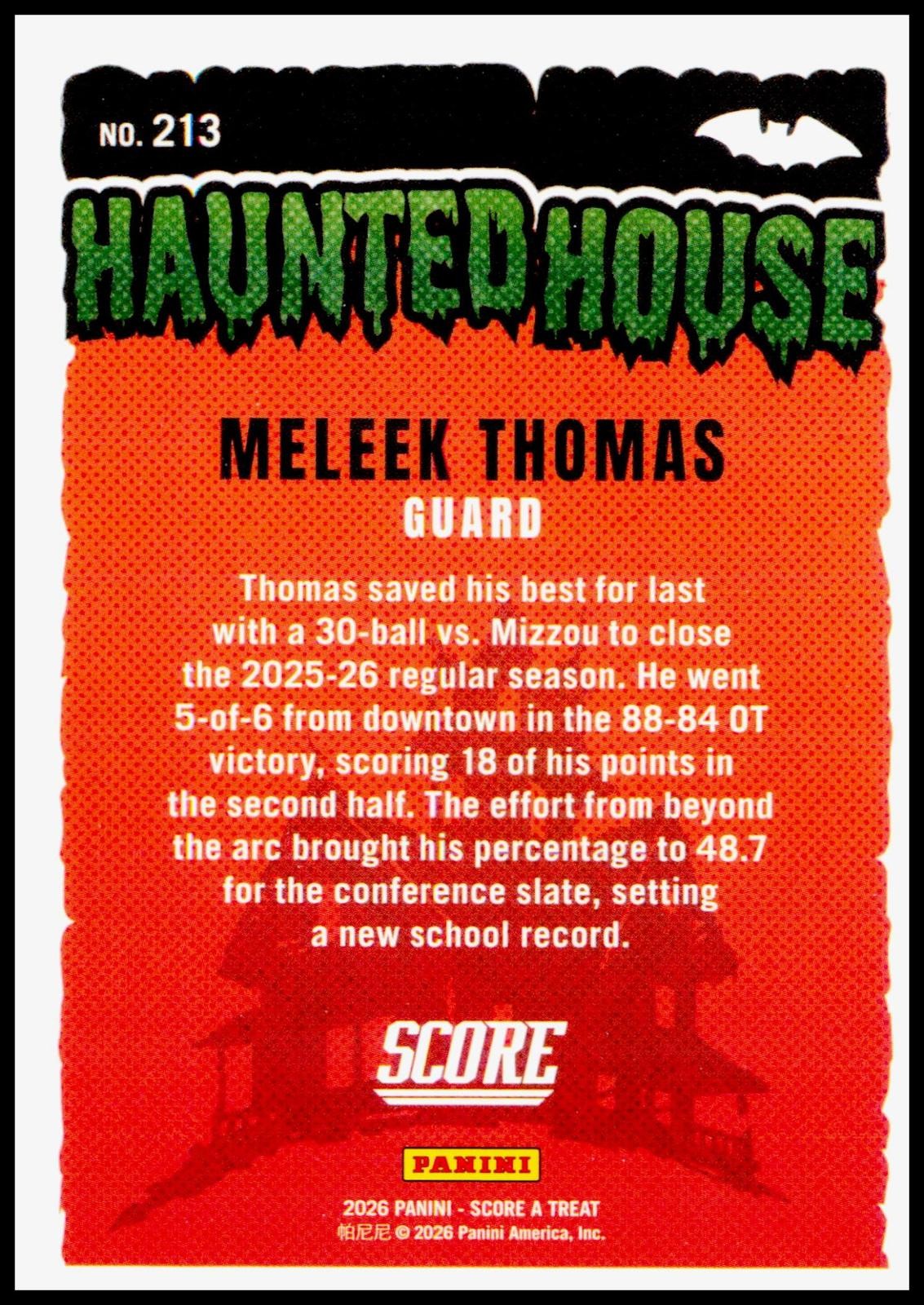 2026 Panini Score A Treat Meleek Thomas #213 Haunted House Orange Pumpkin NIL