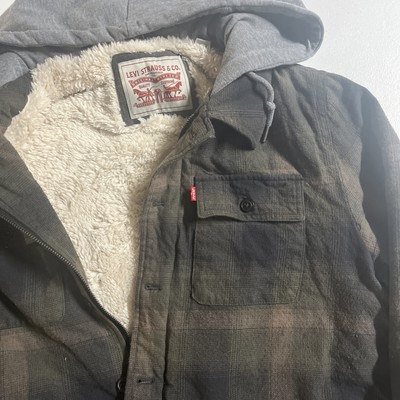 Levis Flannel Hooded Jacket Coat  M Sherpa Lined Multi Color Plaid Work Shacket