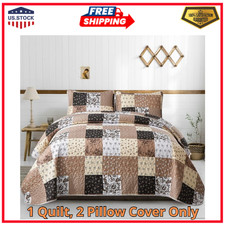 Brown Patchwork Quilt Set California King Size,3 Pieces Khaki Floral Plaid Rever