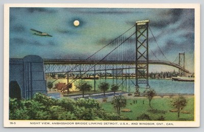 Ambassador Bridge Night View Detroit Windsor 1950s Postcard