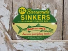 VINTAGE BARRACUDA SINKERS PORCELAIN SIGN OLD FISHING TACKLE LURES FLORIDA FISH