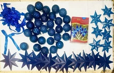 Lot of 61 Blue Christmas Ornaments Various Sizes Styles And Blue Tree Lights