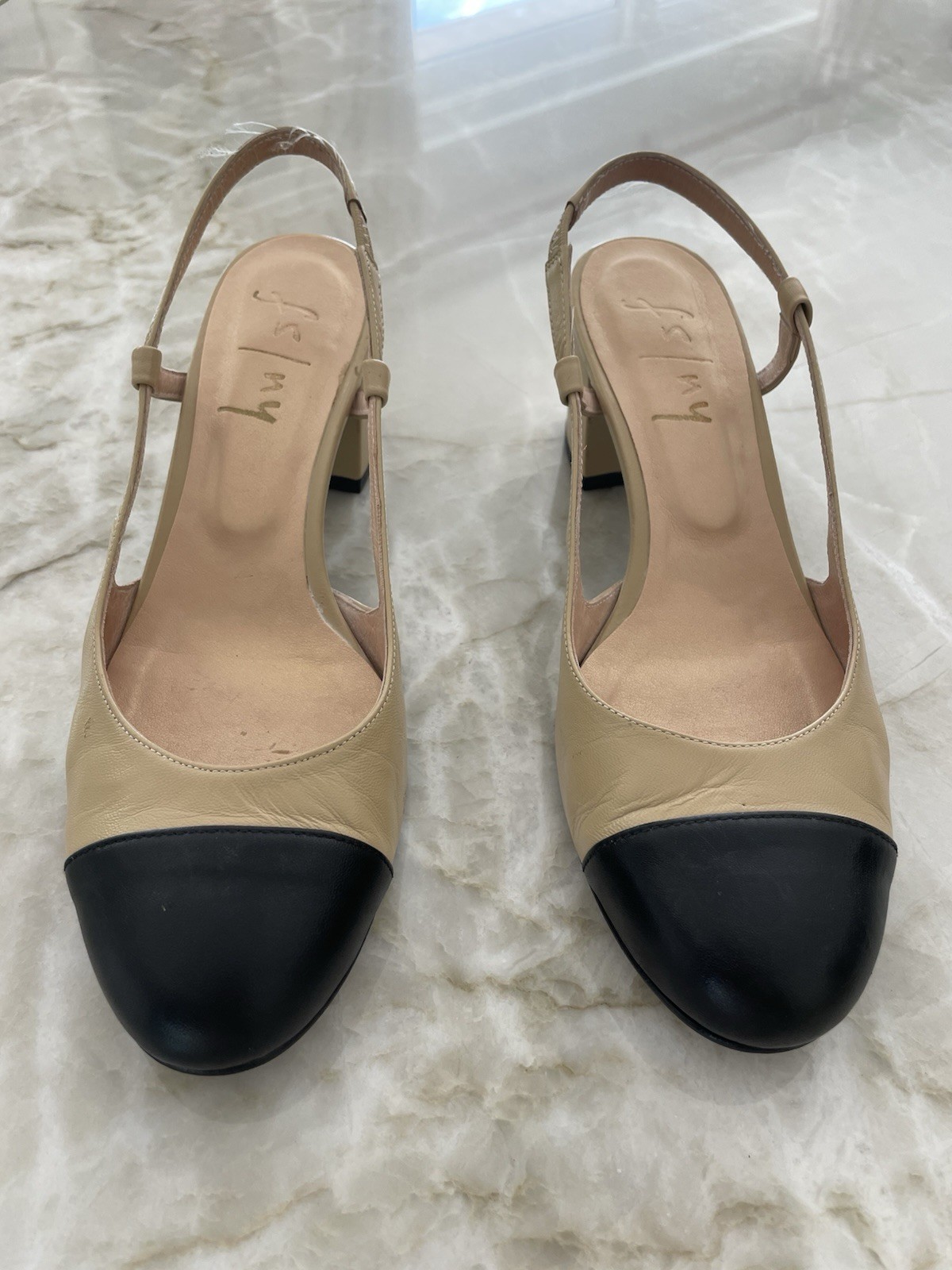 SAOLA Suola francese FS NY Tuckernuck slingback tacchi a bastone cammello napa nero taglia 7 5