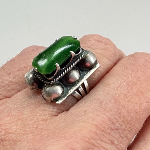 Vintage Fred Harvey Era Mexico Silver Green Malachite Bead Ball RING - Sz 7