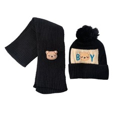 kids Pom Pom Hat and Scarf Two Piece Set Toddler Boys Warm Winter Knitted NEW 