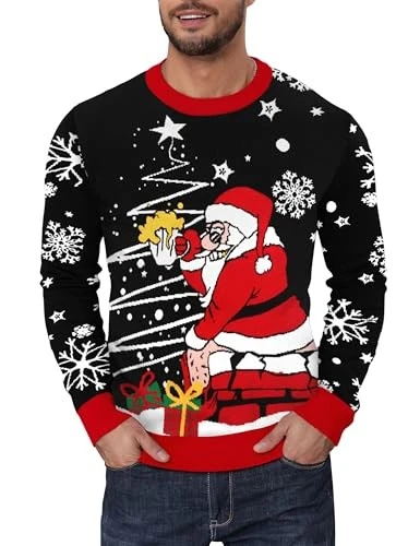 Suéter Feo Navidad para Hombre Divertido Pequeño Papá Noel con Cerveza (Negro) Foto 2 de 4