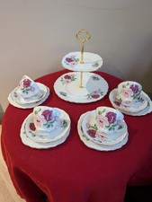 Vintage Royal Vale bone china Red Pink Roses four teacups trios & cakestand 