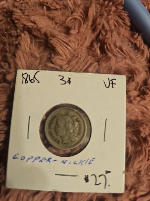 1865 Three Cent Nickel 3¢ First Year Issue VF Details U.S. Coin