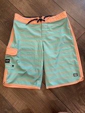 BillaBong Boy's Swim Trunks Teal Peach Stripes Pockets Unlined Size 27