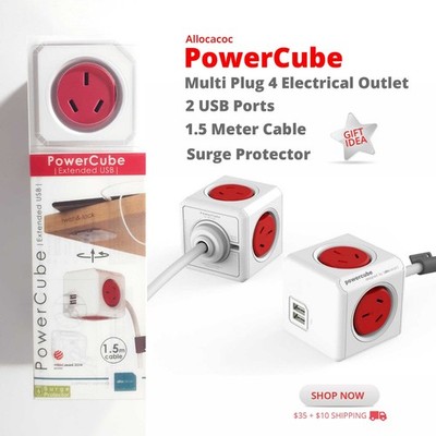 Electrical Power Outlet Multi Plug PowerCube 4 Outlets 2 USB Red GIFT35 BY PLG2