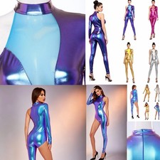 US Women 70s Disco Vintage Jumpsuit Workout Unitards Shiny Metallic Nightclub