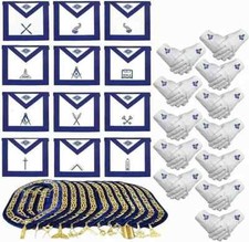 Masonic Blue LODGE Gold Chain Collar, Officers Aprons Set of 12 with gloves
