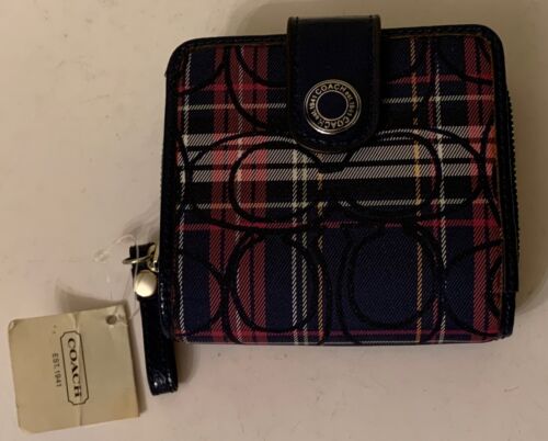 NWT Coach Navy Sparkle Tartan Plaid Print Snap Zippered Wallet Canvas & Leather - Picture 1 of 7
