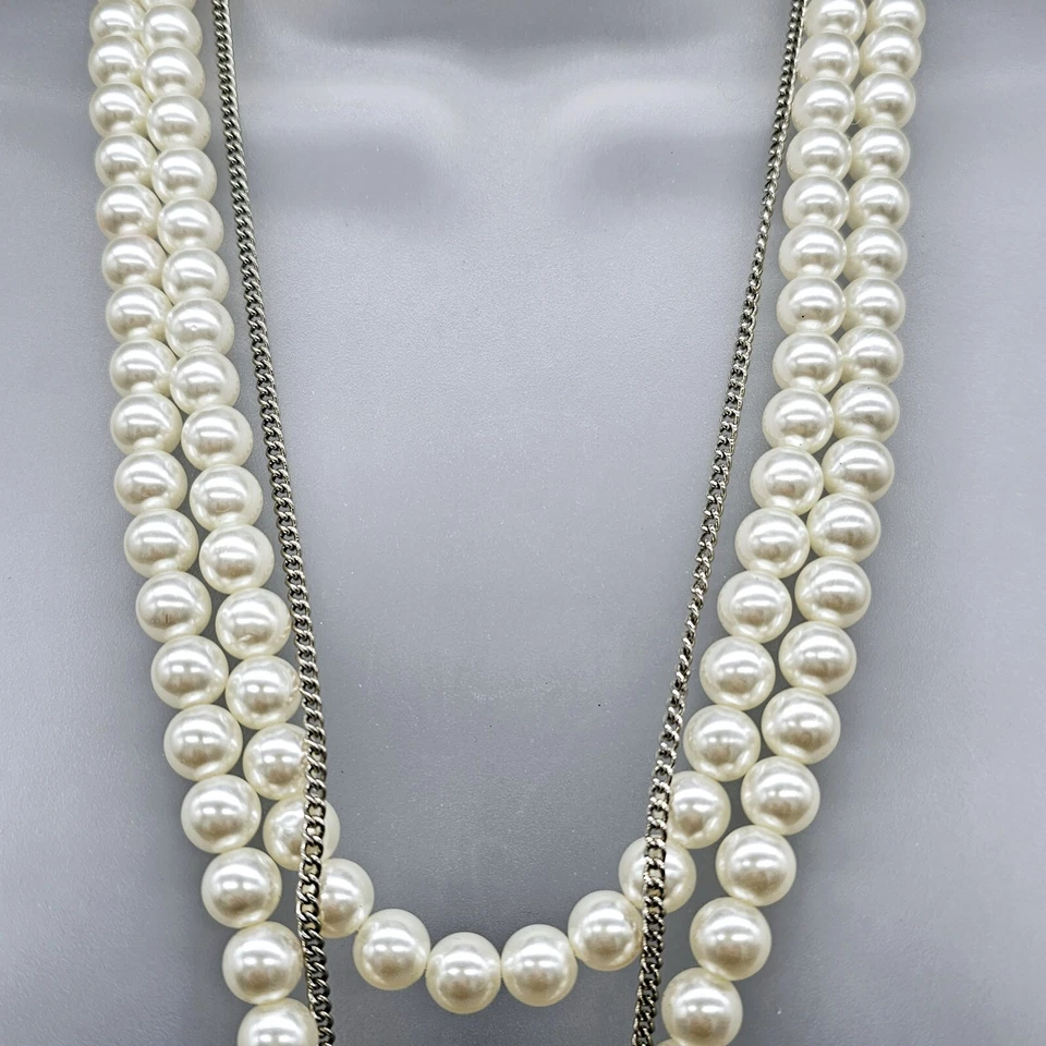 Faux Pearl Necklace Long Fringe Crystal Ends Ivory 10mm Bridal Special Occasion - Image 4 of 4