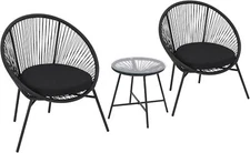 Acapulco Patio Set: 2 Chairs + Tempered Glass Table, All-Weather Woven w/Cushion