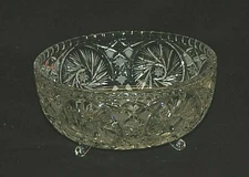 Vintage Clear Cut Crystal 3 Footed Bowl Pinwheel w Crimped Edges Unknown Maker
