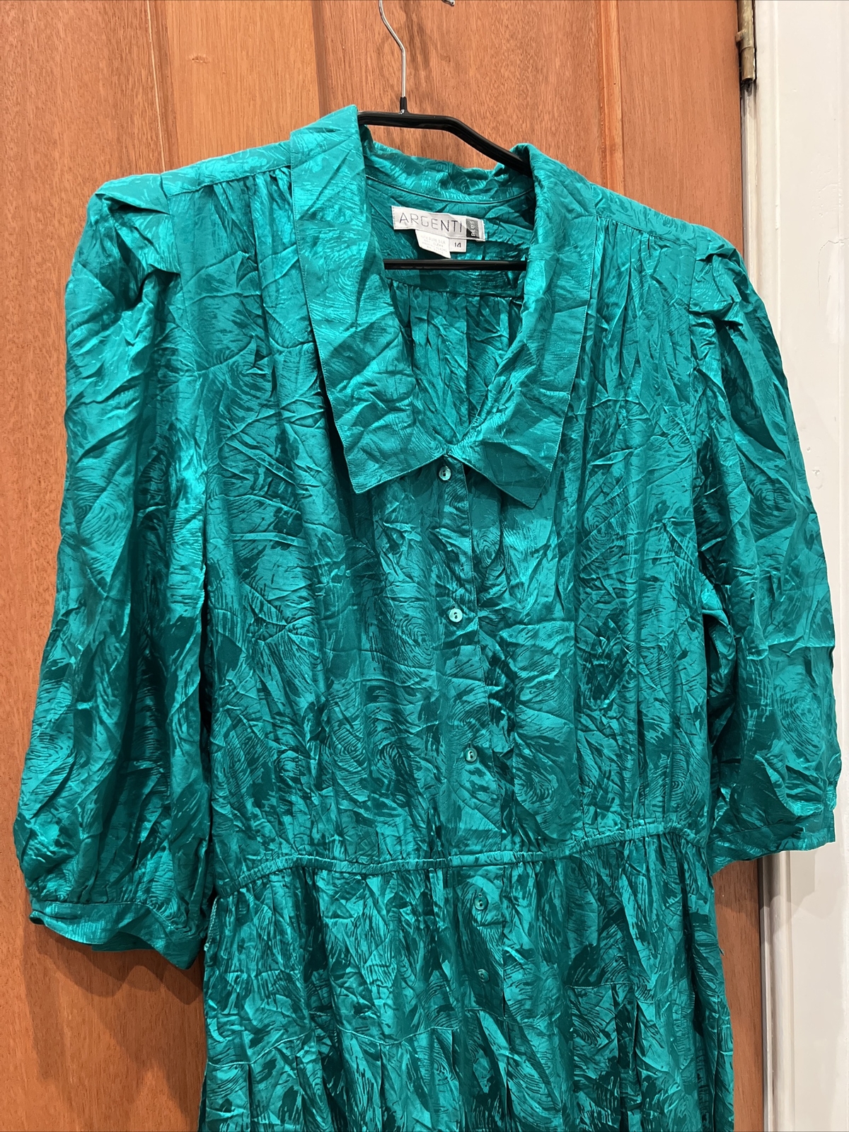 Vtg Argenti Silk Dress Womens 14 green Pleated Bodice & Sleeves bx30b