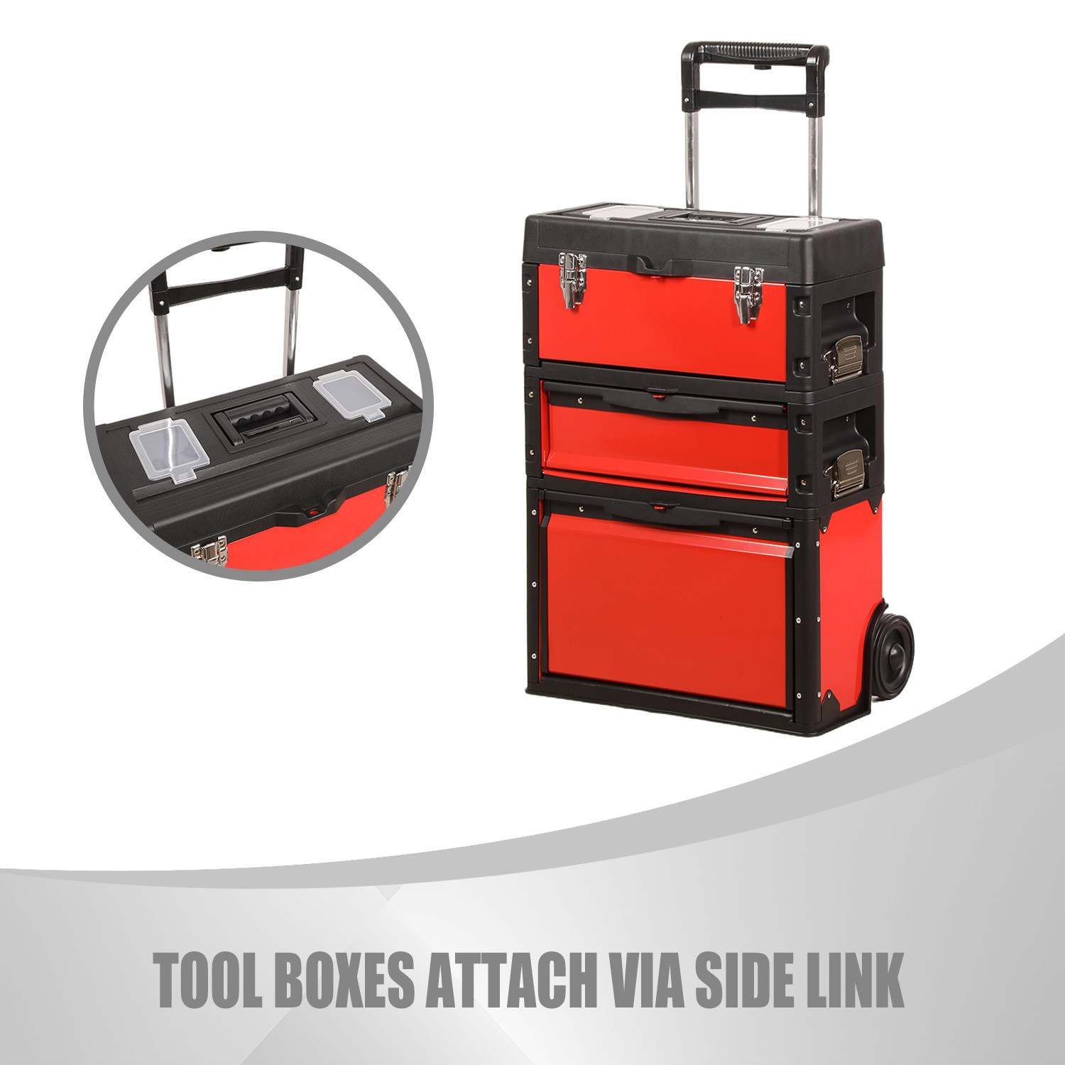 Red Tool Box 3-Tier Stackable Trolley Storage Case Organize 19.5" x 28.5" x 12"