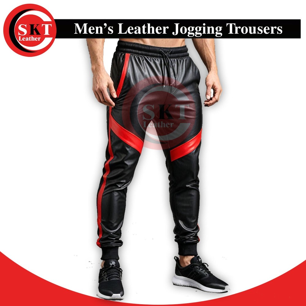 Men's Black Red Striped Leather Joggers Tracksuit Pants