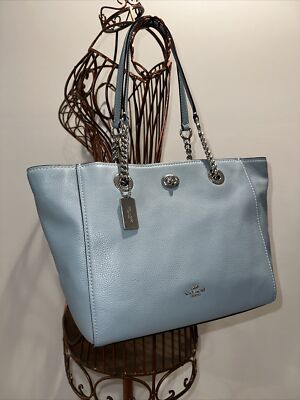 Coach 57107 Turnlock Chain Sage Blue Leather Tote Shoulder Bag