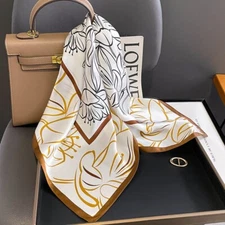 100% Silk Scarf Women White Brown Flowers Kerchief Square Bandana Wrap Tied 68cm