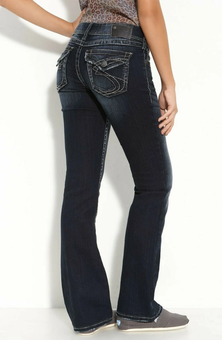 Silver Jeans Suki Surplus Women s Sz 29 W29xL32 Bootcut Dark Wash Flap Pockets