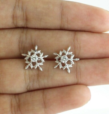 Sparkling Snowflake Winter Stud Earrings 14K Gold 0.22 Ct Genuine Round Diamond