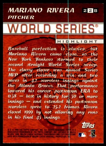 2000 Topps Baseball #228 Mariano Rivera Serie Mundial Highlights - Imagen 2 de 2
