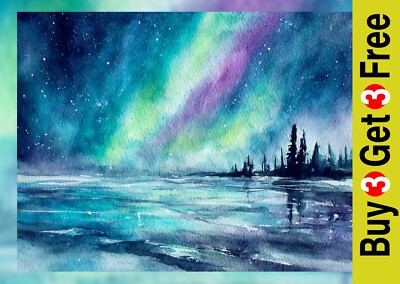 Nordlichthimmel 5''x7 Druck auf mattem Papier | Aurora Borealis Aquarell Kunst