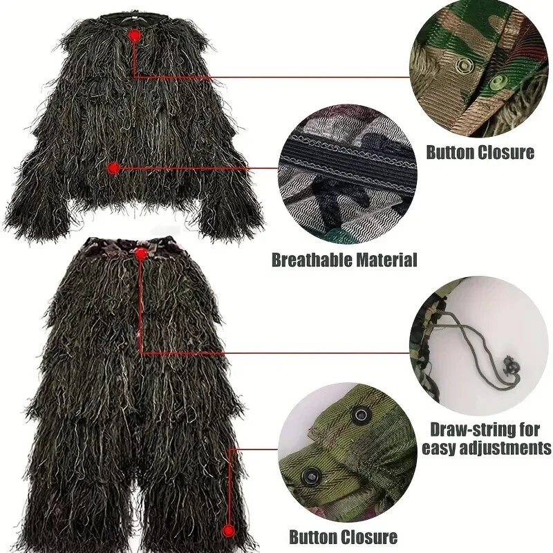 New 1pc Camo Ghillie Clothing Set For Kids - Jacket, Pants, Hood, And Handbag - Image 3 of 4