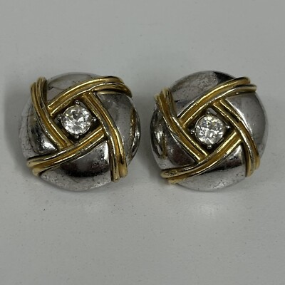 Vintage Ciner Earrings Silver & Gold Tone With 1 Rhinestone Clip On Needs TLC