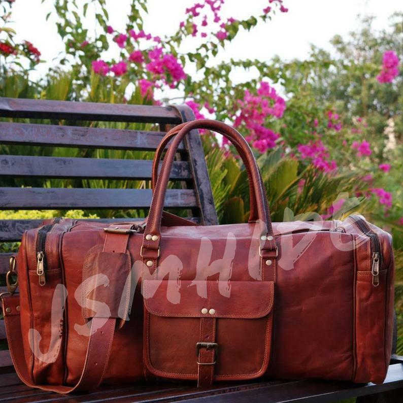 Vintage Leather Gym Duffel Bag for Men 30 Inches Dark Brown Travel Duffle  