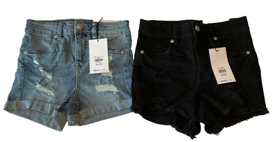 Bluenotes Emma Denim Shorts Women Size 32 Black Blue High Rise Distressed 2 Pair