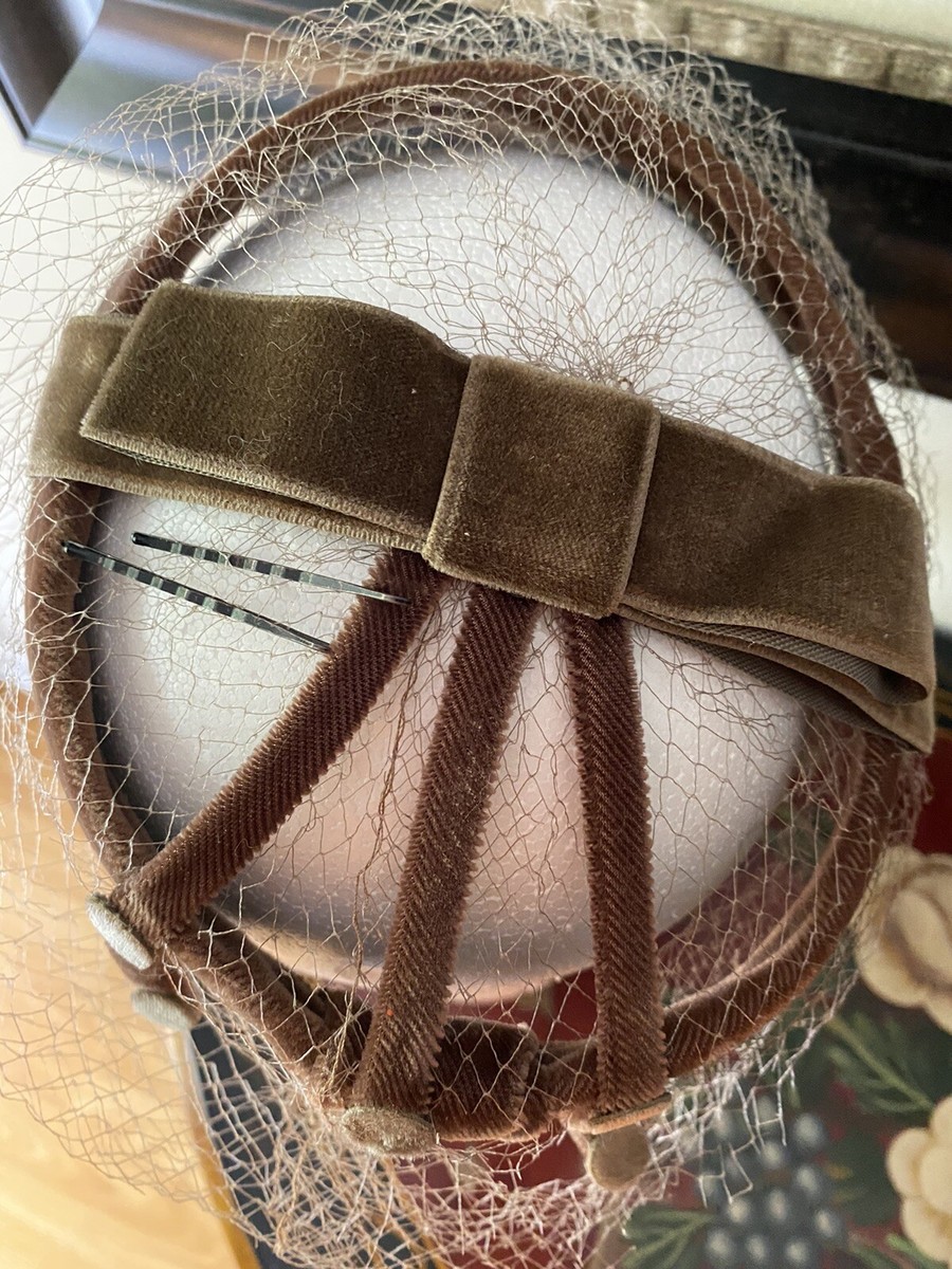 Vtg Fascinator Hat Brown Bird Cage W/Brown Velvet Bow  display picture 2