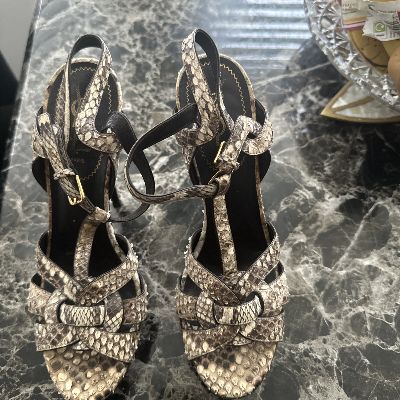 Sandali con tacco Saint Laurent YSL Tribute 105 pitone plateau cinturino taglia 39