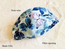 Blue Watercolor Butterfly Face Mask Handmade 100 Cotton Multi-layer Nose Wire