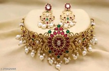 Indian Bollywood Gold Plated Kundan Choker Bridal Necklace Earrings Jewelry Set