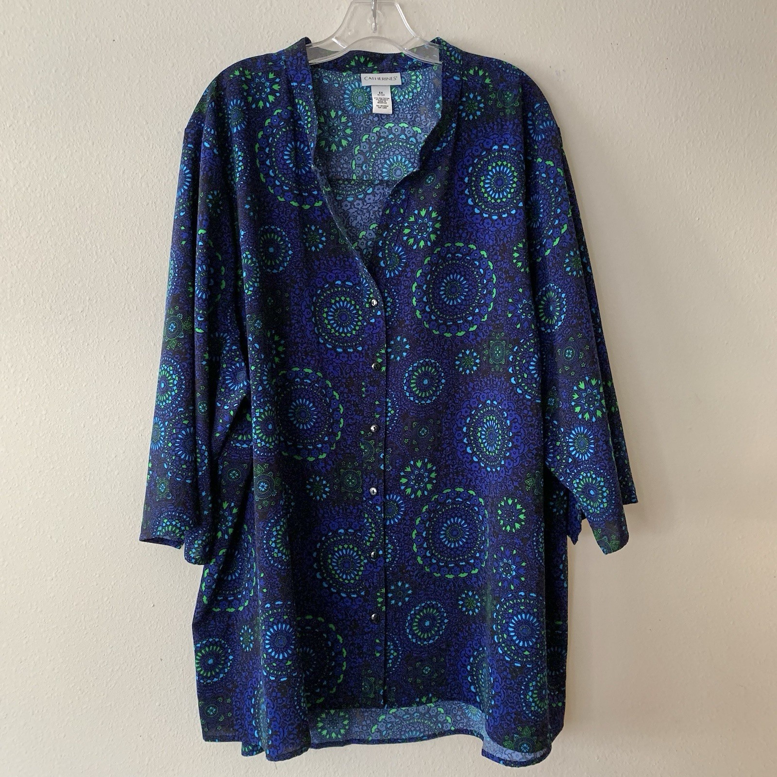 Catherine’s Women’s Button Up 3/4 Sleeve Blue Green Paisley Top 4X Blouse